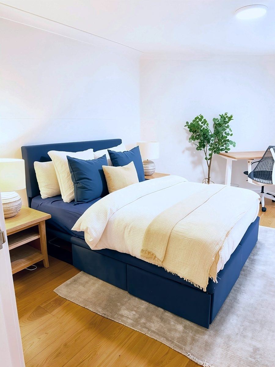 After: a bedroom, with oak floors and navy upholstered bed