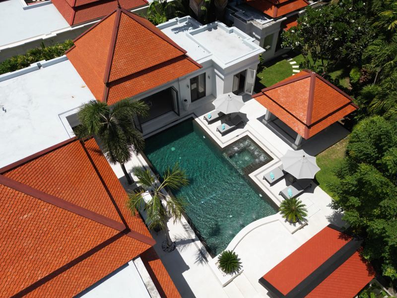 Aerial view of the villa, pool and garden